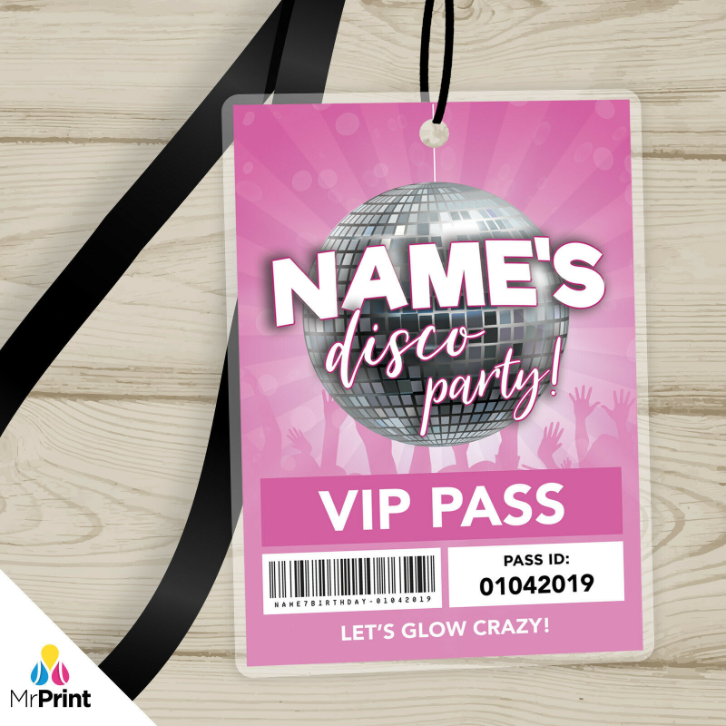 PERSONALISED DISCO PARTY STYLE MUSIC VIP PASSES LANYARDS / INVITATIONS