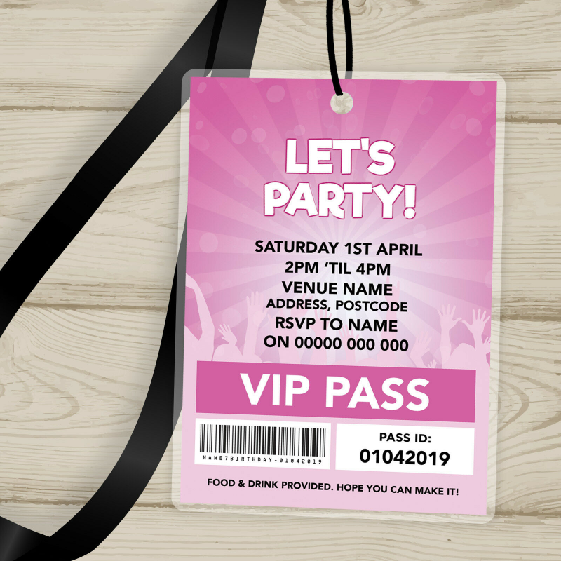 PERSONALISED DISCO PARTY STYLE MUSIC VIP PASSES LANYARDS / INVITATIONS